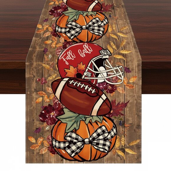 Football Table Runner Pumpkin Fall Decor Autumn Thanksgiving Decoration Cloth - Picture 1 of 8